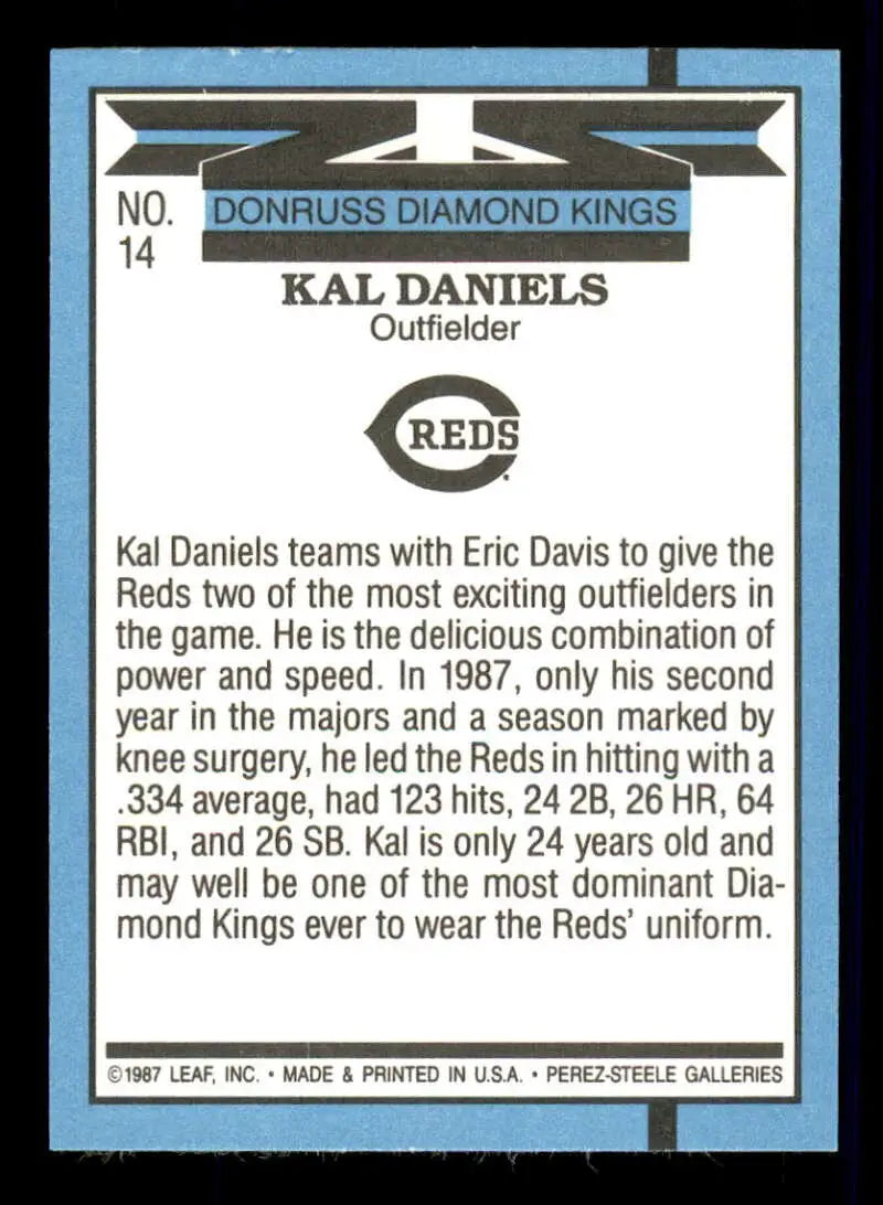 1988 Donruss #14 Kal Daniels NM-MT Cincinnati Reds Baseball Card - Baseball Card Single