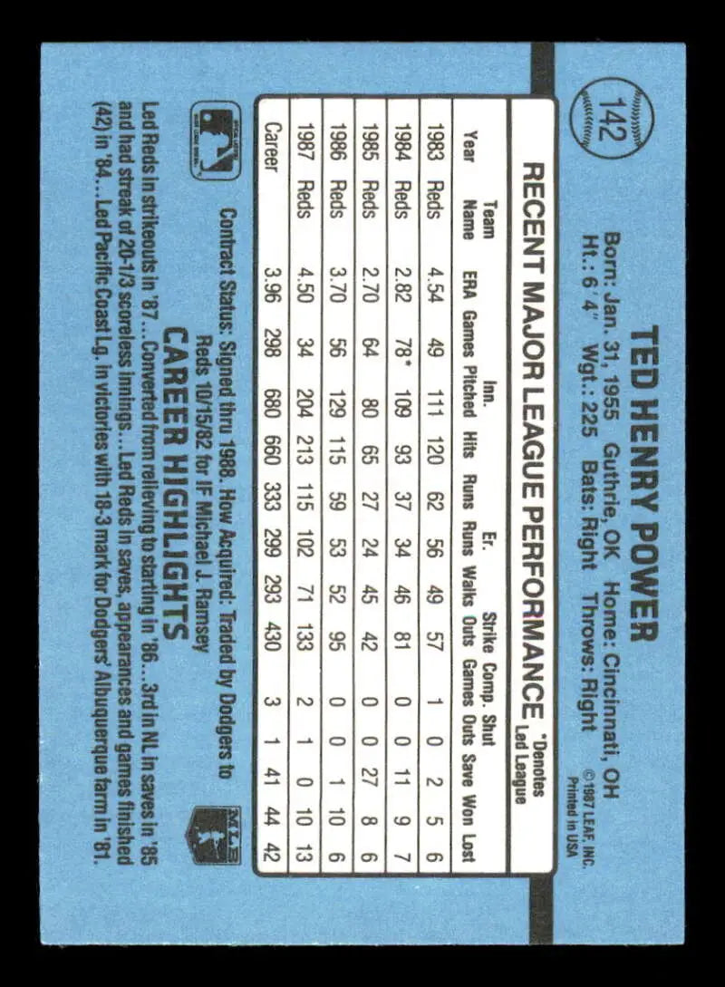 1988 Donruss #142 Ted Power NM-MT Cincinnati Reds Baseball Card - Baseball Card Single