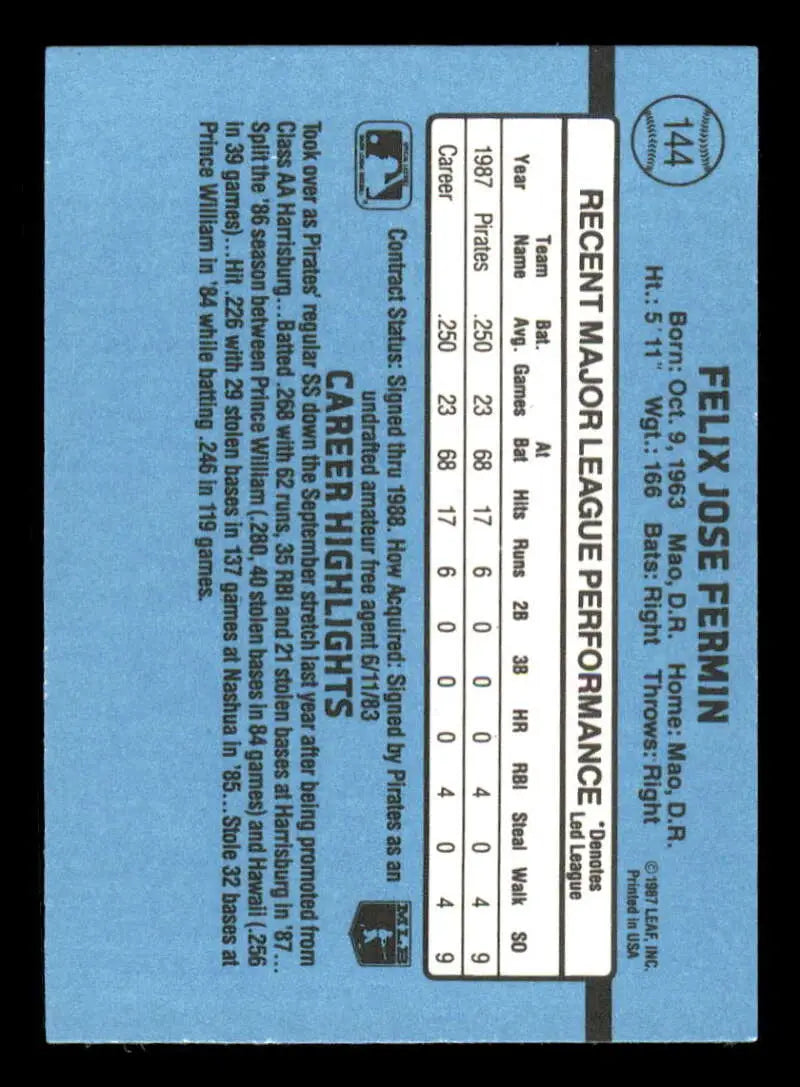 1988 Donruss #144 Felix Fermin NM-MT Pittsburgh Pirates Baseball Card - Baseball Card Single