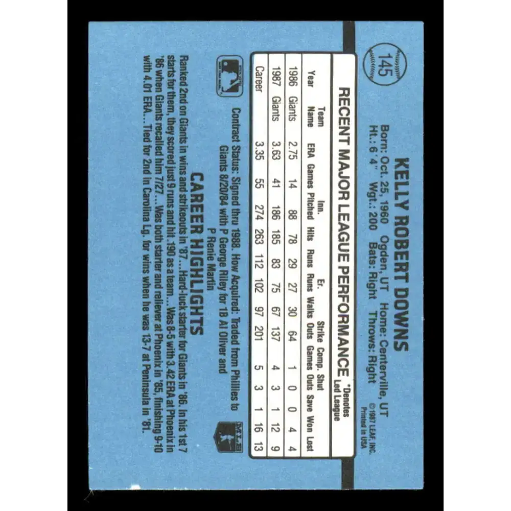 1988 Donruss #145 Kelly Downs EX San Francisco Giants Baseball Card - Baseball Card Single