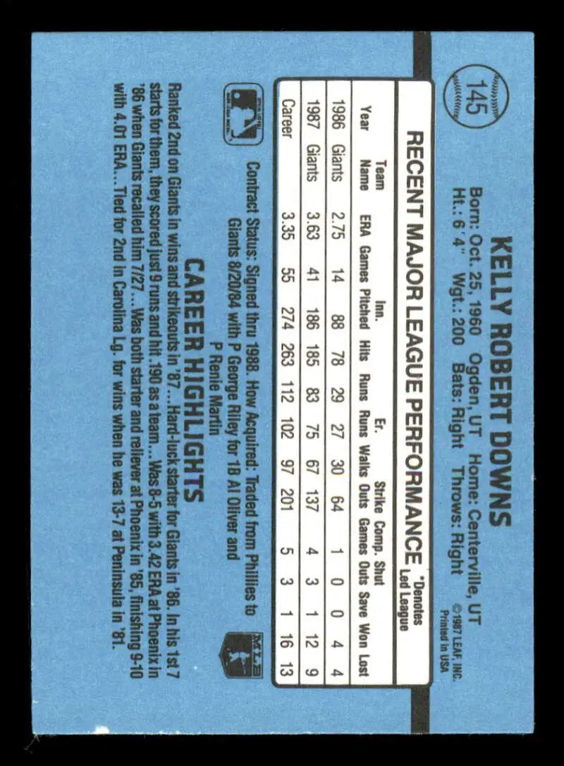 1988 Donruss #145 Kelly Downs NM-MT San Francisco Giants Baseball Card - Baseball Card Single