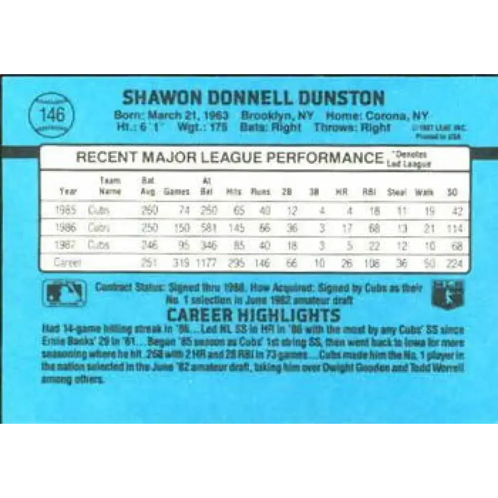 1988 Donruss #146 Shawon Dunston EX Chicago Cubs Baseball Card - Baseball Card Single