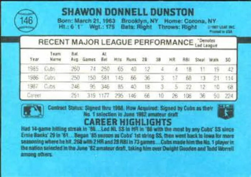 1988 Donruss #146 Shawon Dunston NM-MT Chicago Cubs Baseball Card - Baseball Card Single