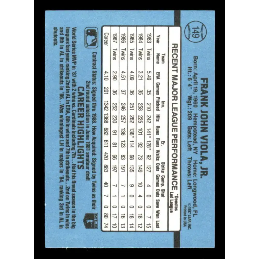 1988 Donruss #149 Frank Viola EX Minnesota Twins Baseball Card - Baseball Card Single
