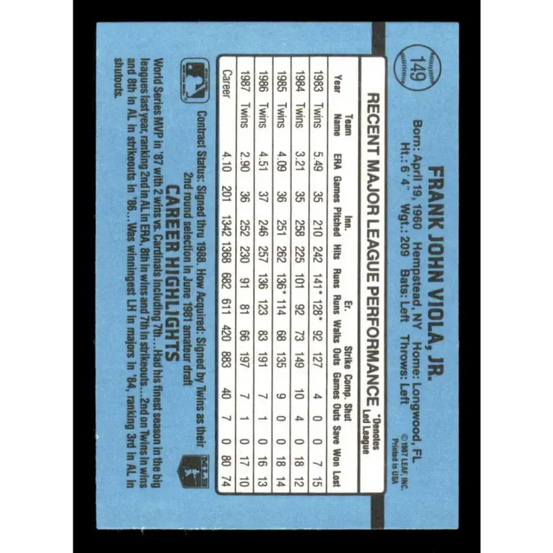 1988 Donruss #149 Frank Viola EX Minnesota Twins Baseball Card - Baseball Card Single