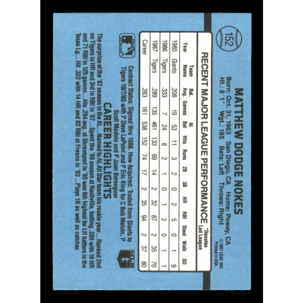 1988 Donruss #152 Matt Nokes EX RC Rookie Detroit Tigers Baseball Card - Baseball Card Single