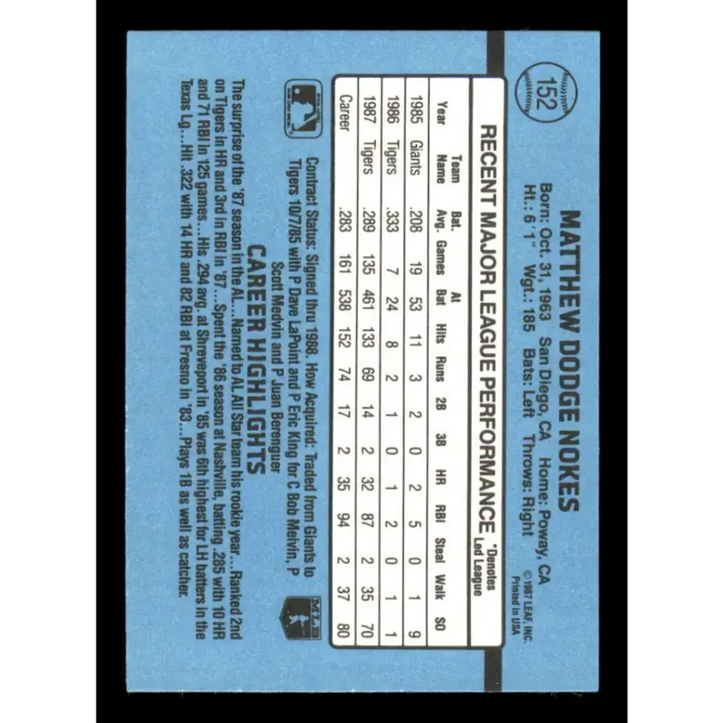 1988 Donruss #152 Matt Nokes EX RC Rookie Detroit Tigers Baseball Card - Baseball Card Single