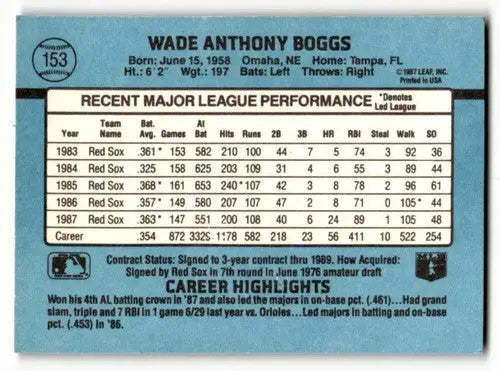 1988 Donruss #153 Wade Boggs Boston Red Sox Baseball Cards EX/NM ID:64461 - Baseball Card Single