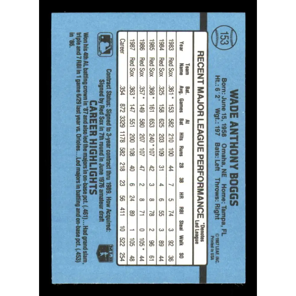 1988 Donruss #153 Wade Boggs EX Boston Red Sox Baseball Card Image 2