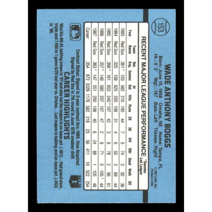 1988 Donruss #153 Wade Boggs EX Boston Red Sox Baseball Card Image 2