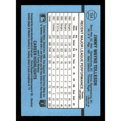 1988 Donruss #154 Wayne Tolleson EX New York Yankees Baseball Card Image 2