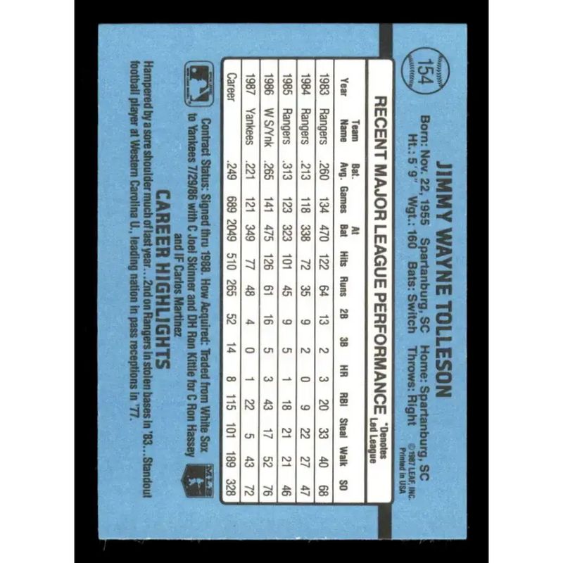 1988 Donruss #154 Wayne Tolleson EX New York Yankees Baseball Card - Baseball Card Single