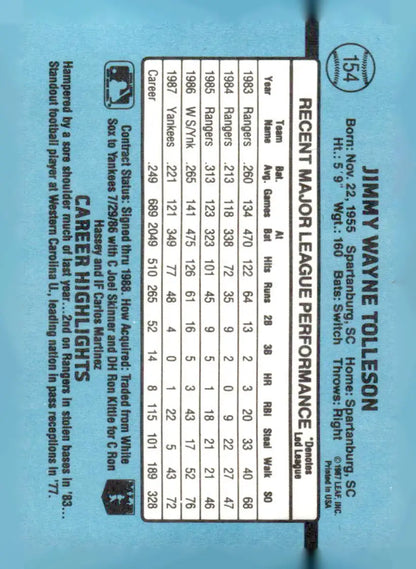 Baseball card featuring Wayne Tolleson with player statistics from 1988 Donruss #154b