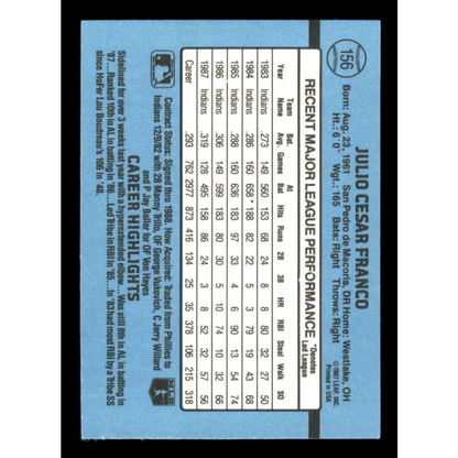 1988 Donruss #156 Julio Franco EX Cleveland Indians Baseball Card Image 2
