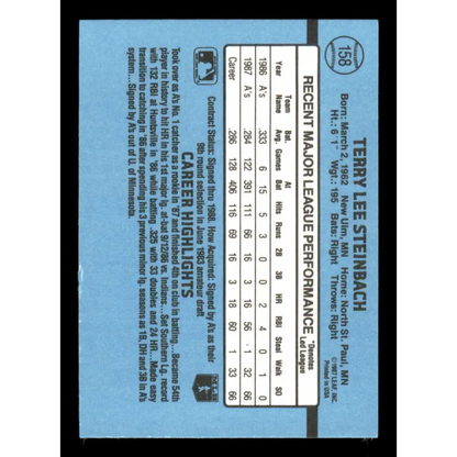 1988 Donruss #158 Terry Steinbach EX Oakland Athletics Baseball Card Image 2