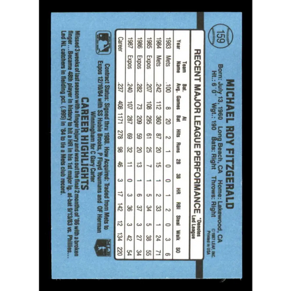 1988 Donruss #159 Mike Fitzgerald EX Montreal Expos Baseball Card Image 2