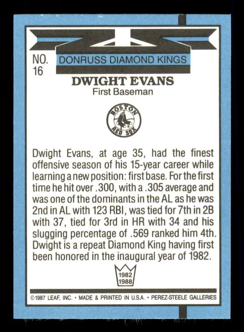 1988 Donruss #16 Dwight Evans NM-MT Boston Red Sox Baseball Card - Baseball Card Single