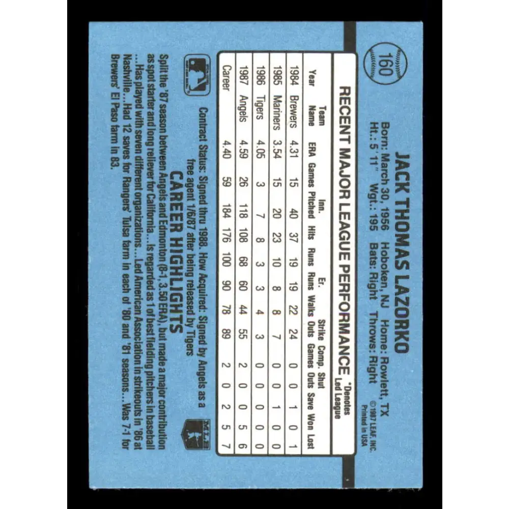 1988 Donruss #160 Jack Lazorko EX California Angels Baseball Card Image 2