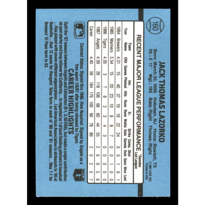 1988 Donruss #160 Jack Lazorko EX California Angels Baseball Card Image 2
