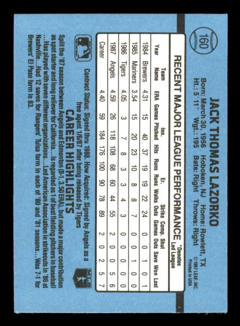 1988 Donruss #160 Jack Lazorko NM-MT California Angels Baseball Card - Baseball Card Single