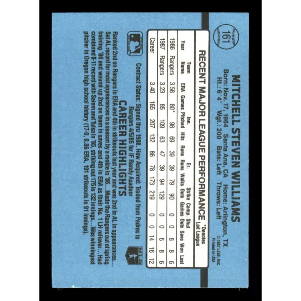 1988 Donruss #161 Mitch Williams EX Texas Rangers Baseball Card - Baseball Card Single