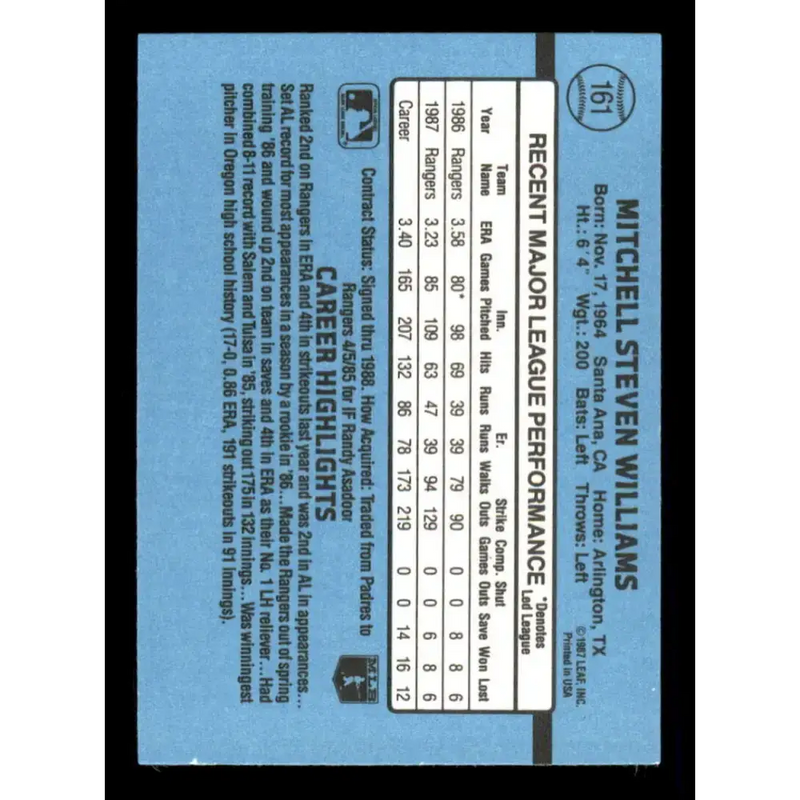 1988 Donruss #161 Mitch Williams EX Texas Rangers Baseball Card - Baseball Card Single