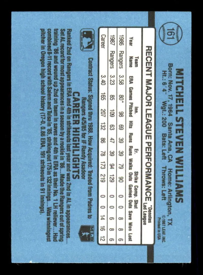 1988 Donruss #161 Mitch Williams NM-MT Texas Rangers Baseball Card - Baseball Card Single
