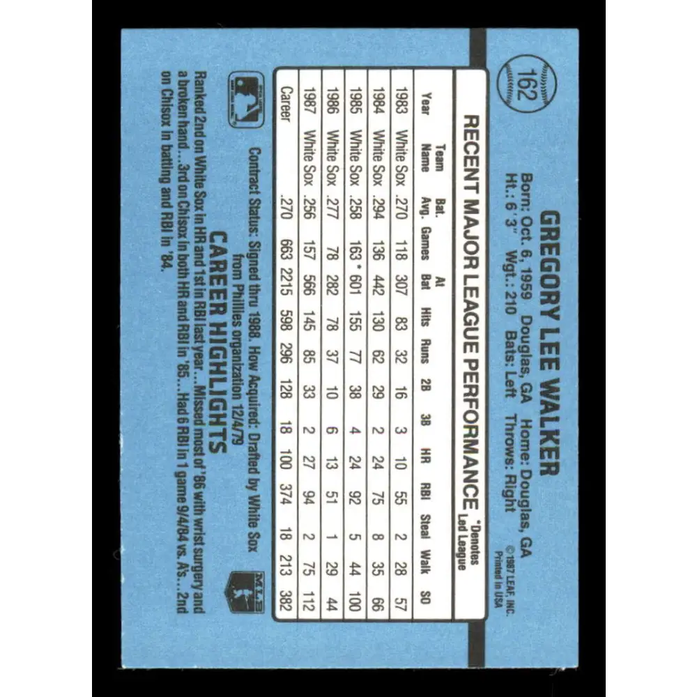 1988 Donruss #162 Greg Walker EX Chicago White Sox Baseball Card Image 2