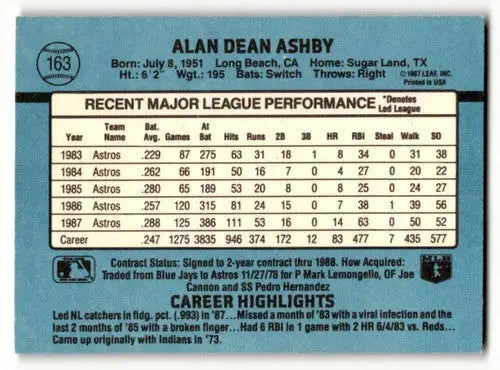 Original gloss Alan Ashby Houston Astros baseball card from 1988 Donruss #163