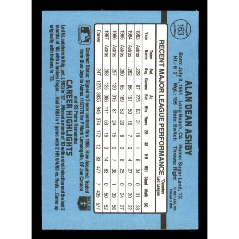1988 Donruss #163 Alan Ashby UER EX Houston Astros Baseball Card - Baseball Card Single