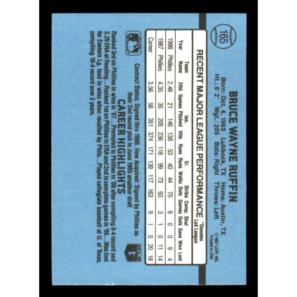 1988 Donruss #165 Bruce Ruffin EX Philadelphia Phillies Baseball Card Image 2