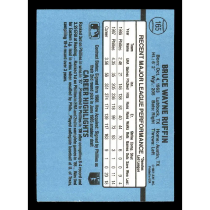 1988 Donruss #165 Bruce Ruffin EX Philadelphia Phillies Baseball Card Image 2