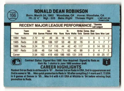 Baseball card back of Ron Robinson Cincinnati Reds 1988 Donruss #166 ID 55380