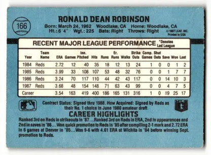 Baseball card back of Ron Robinson Cincinnati Reds 1988 Donruss #166 ID 55380
