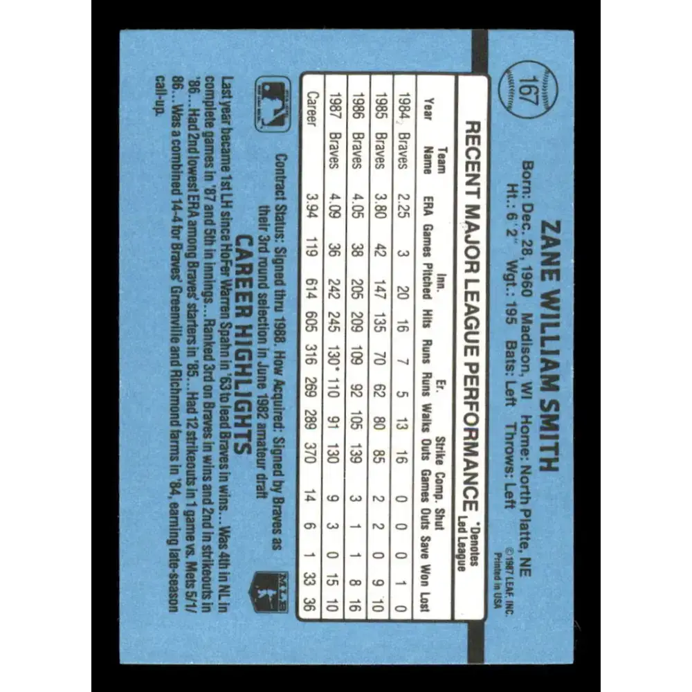 1988 Donruss #167 Zane Smith EX Atlanta Braves Baseball Card - Baseball Card Single