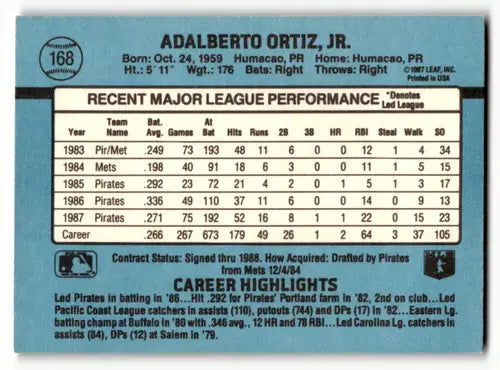 1988 Donruss #168 Junior Ortiz EX/NM Pirates ID:58517 - Baseball Card Single