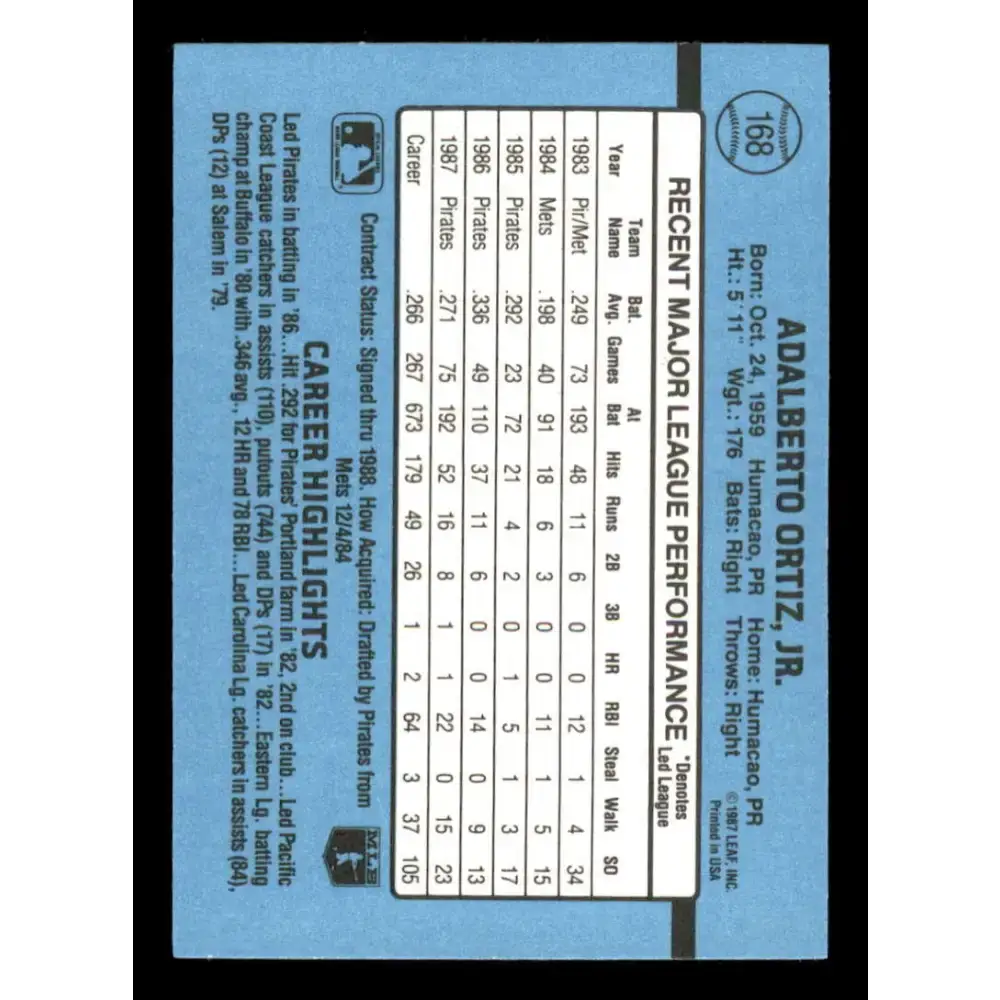 1988 Donruss #168 Junior Ortiz EX Pittsburgh Pirates Baseball Card - Baseball Card Single