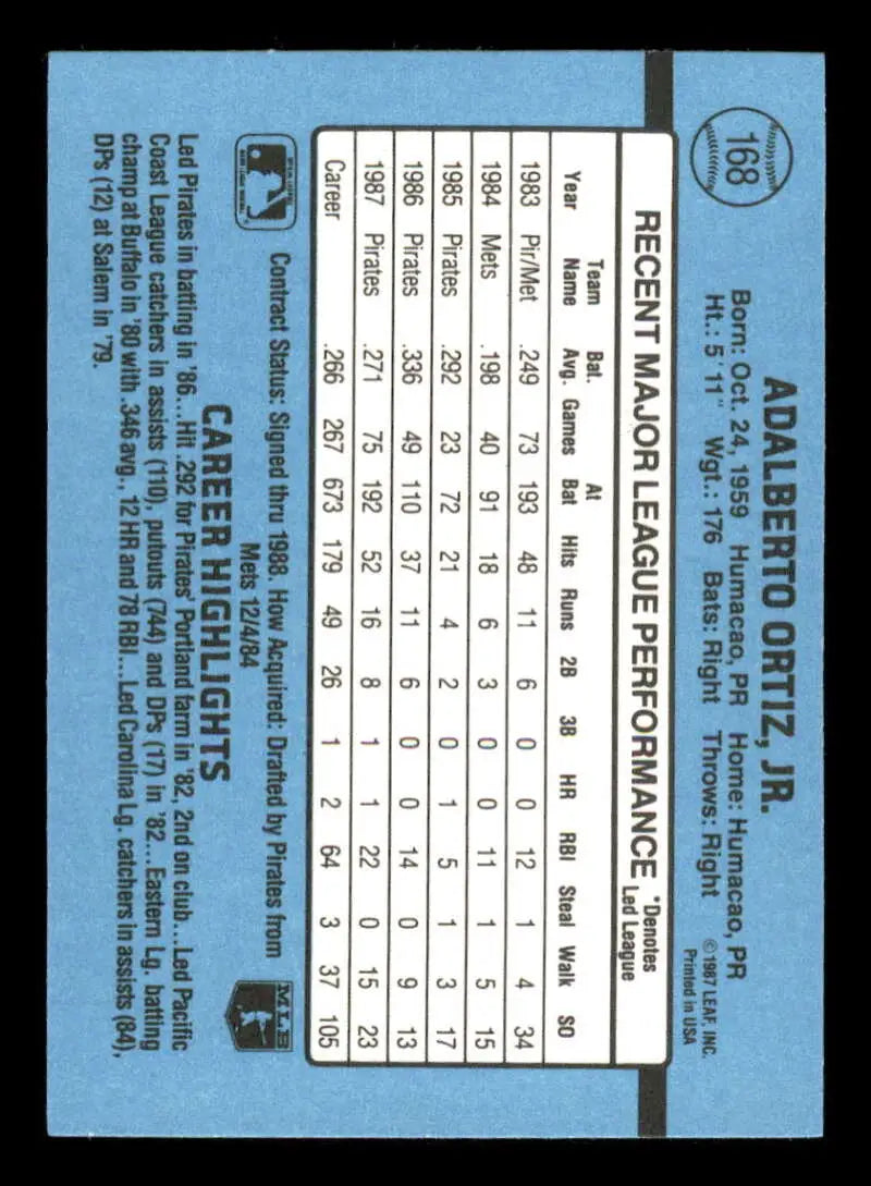 1988 Donruss #168 Junior Ortiz NM-MT Pittsburgh Pirates Baseball Card - Baseball Card Single