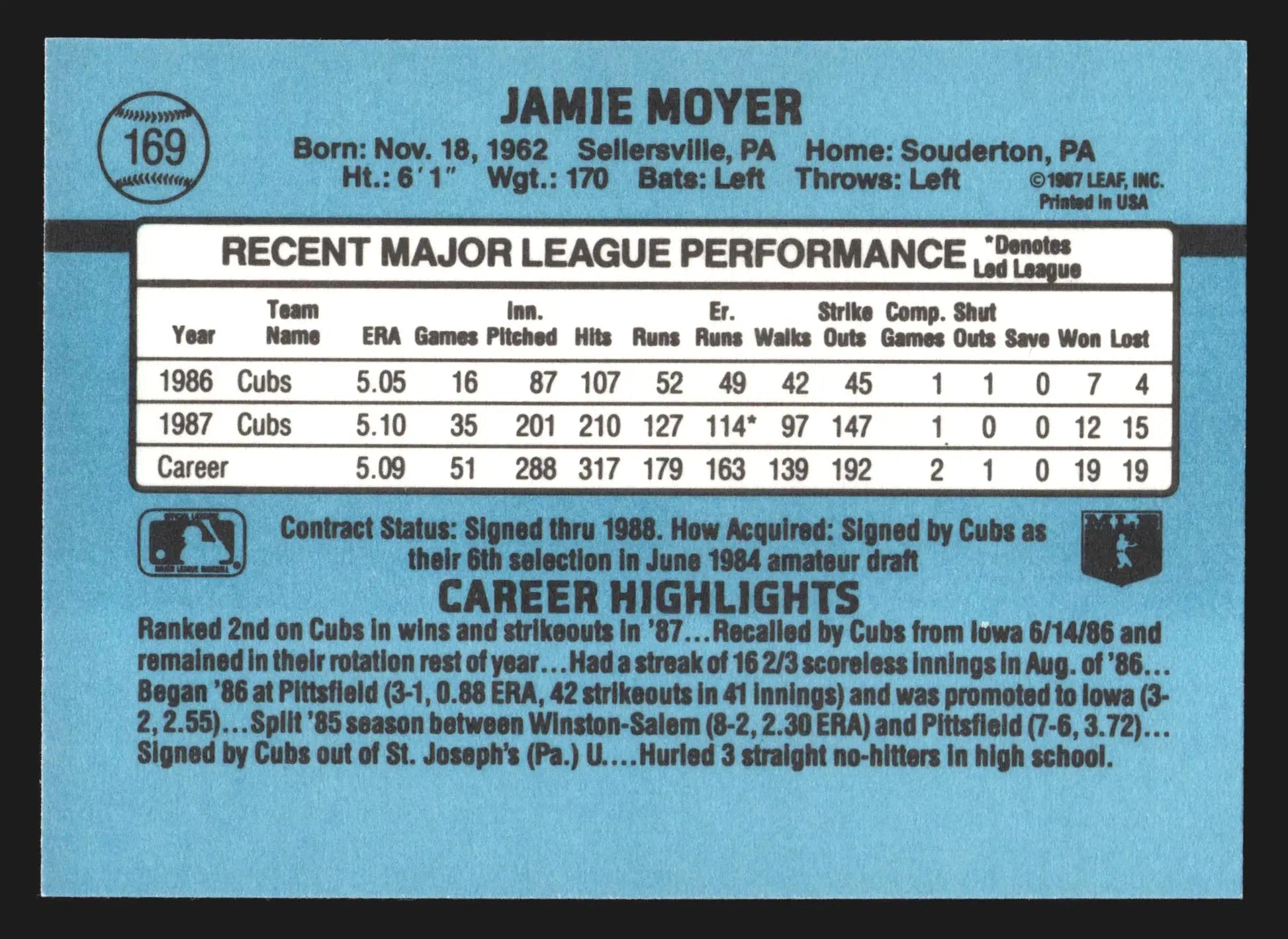 1988 Donruss #169 Jamie Moyer Chicago Cubs - Baseball Card Single