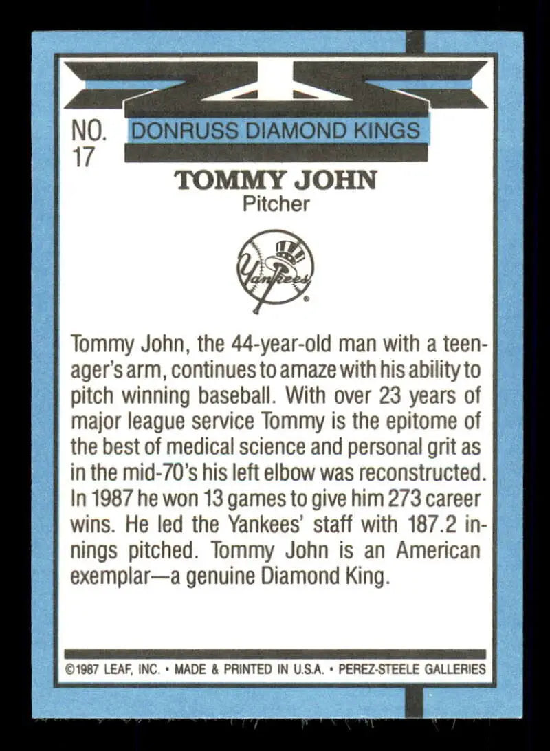 1988 Donruss #17 Tommy John NM-MT New York Yankees Baseball Card - Baseball Card Single
