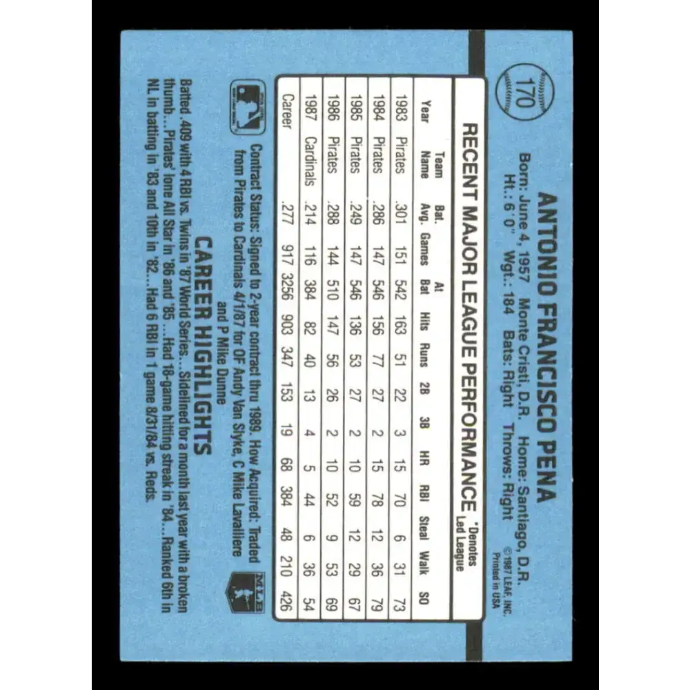 1988 Donruss #170 Tony Pena EX St. Louis Cardinals Baseball Card - Baseball Card Single