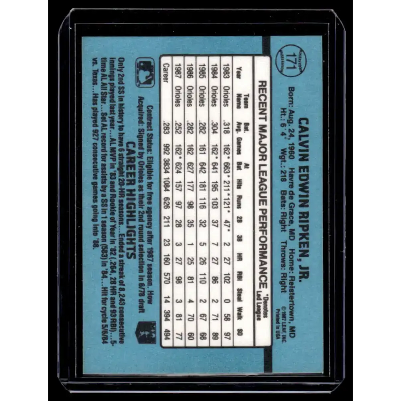 1988 Donruss #171 Cal Ripken Baltimore Orioles NM-MT Baseball Card - Baseball Card Single