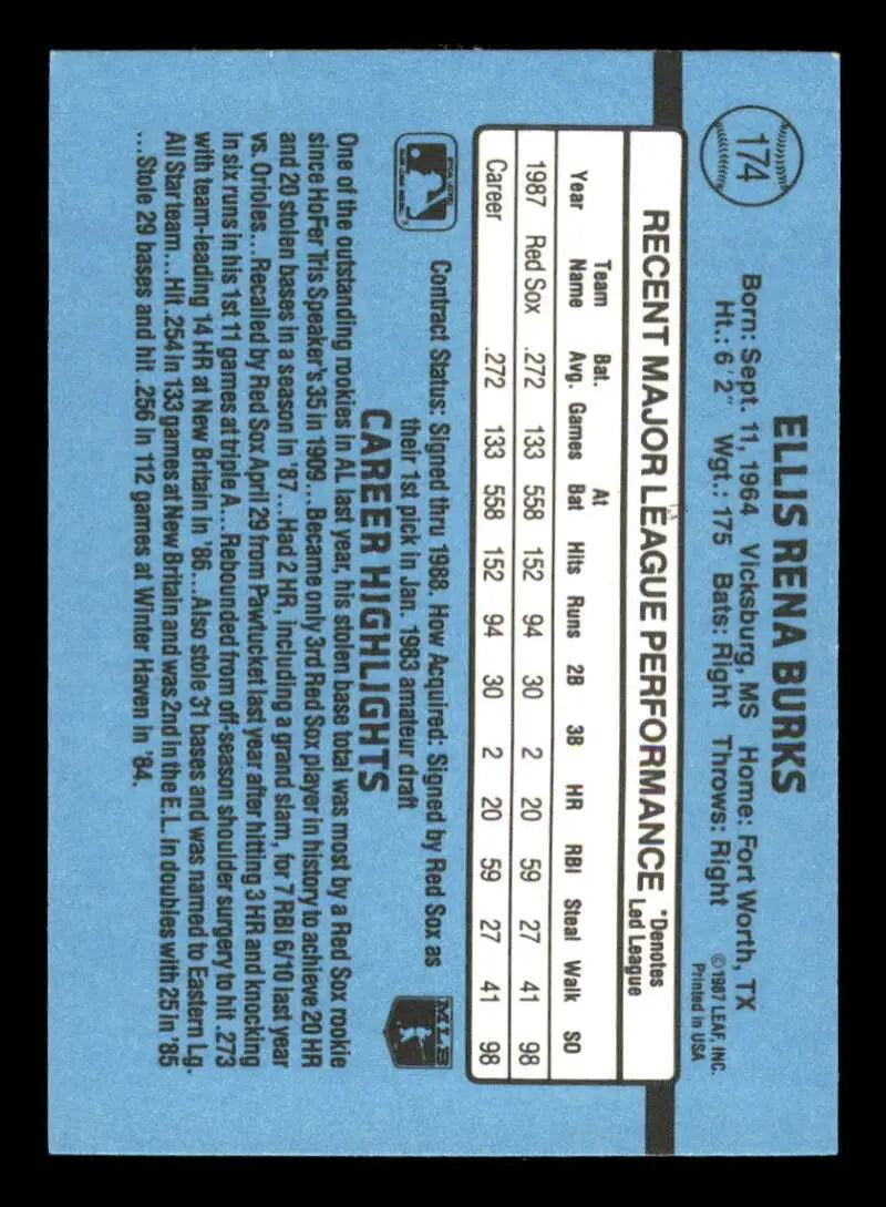 1988 Donruss #174 Ellis Burks NM-MT RC Rookie Boston Red Sox Baseball Card - Baseball Card Single
