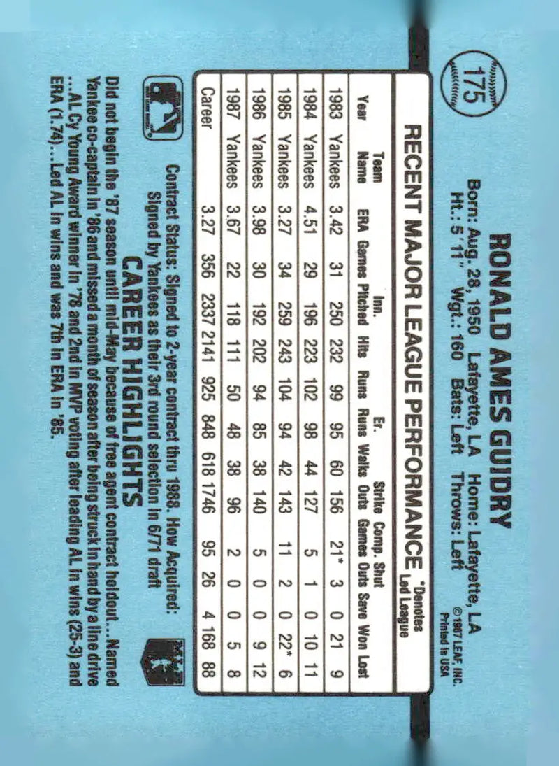 1988 Donruss #175 Ron Guidry