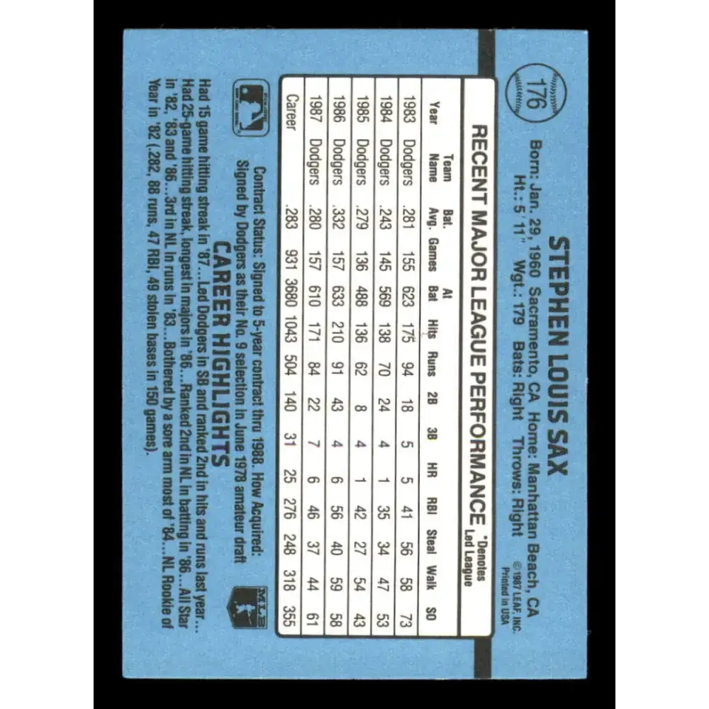 1988 Donruss #176 Steve Sax EX Los Angeles Dodgers Baseball Card - Baseball Card Single