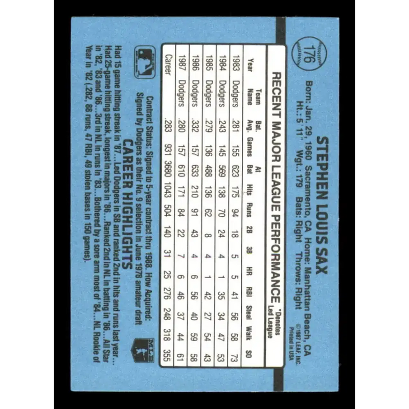 1988 Donruss #176 Steve Sax EX Los Angeles Dodgers Baseball Card - Baseball Card Single