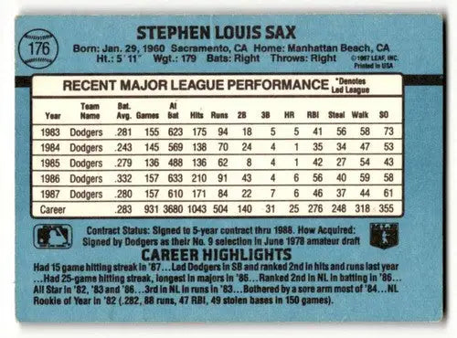 1988 Donruss #176 Steve Sax Los Angeles Dodgers Baseball Cards EX/NM ID:55378 - Baseball Card Single