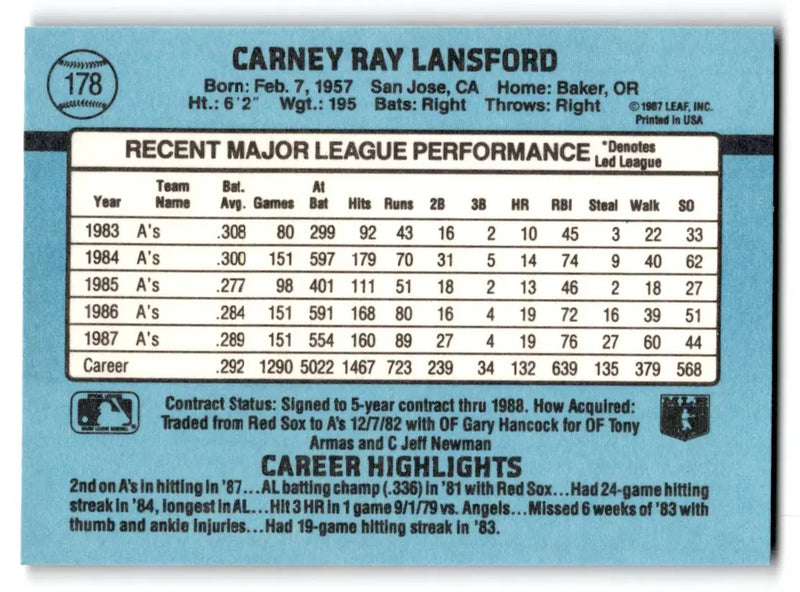 1988 Donruss #178 Carney Lansford - Baseball Card Single