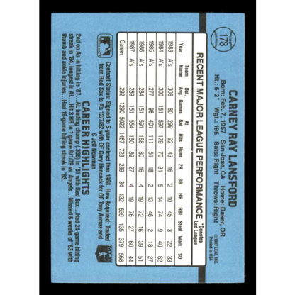 1988 Donruss #178 Carney Lansford EX Oakland Athletics Baseball Card Image 2