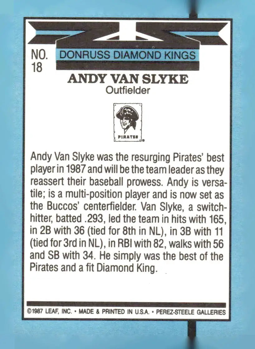 Back of 1988 Donruss Andy Van Slyke baseball card featuring Pittsburgh Pirates player
